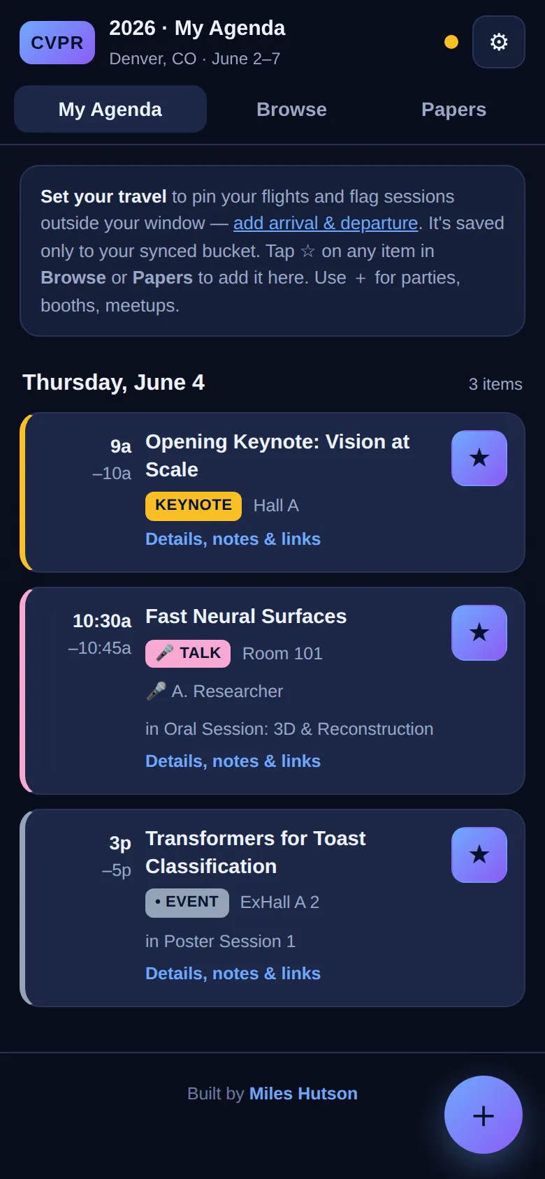 CVPR companion app — My Agenda view, showing a day's starred sessions sorted by time and room