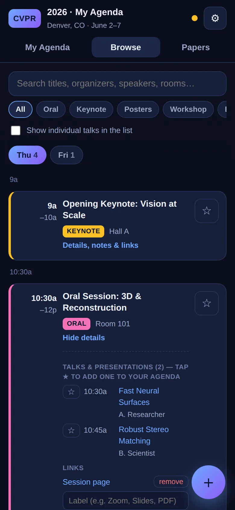 CVPR companion app — Browse view, with search and filters over all sessions and talks