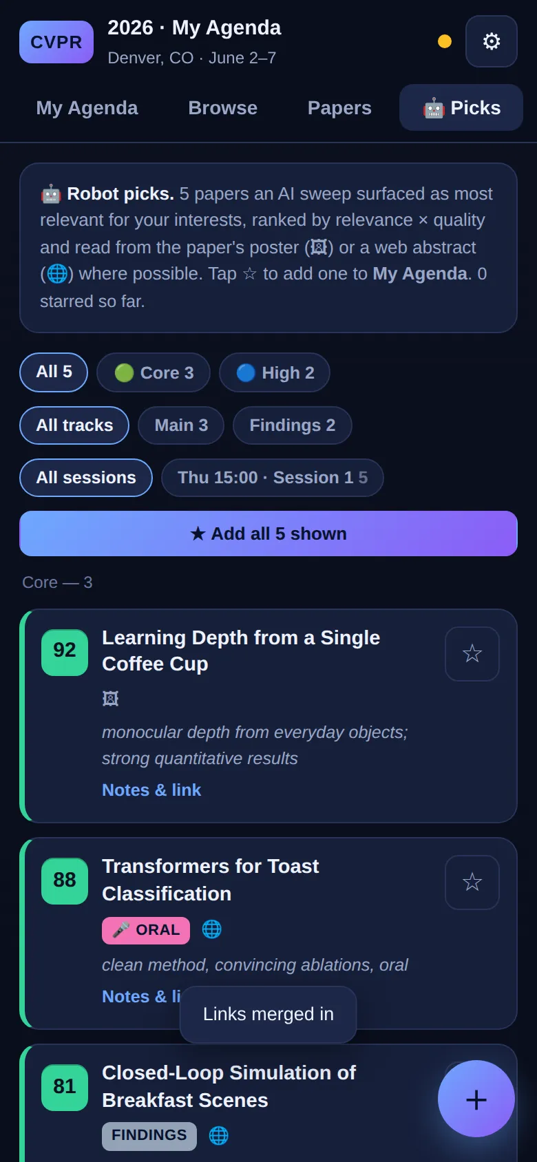 CVPR companion app — AI-curated Picks view, ranking papers by relevance