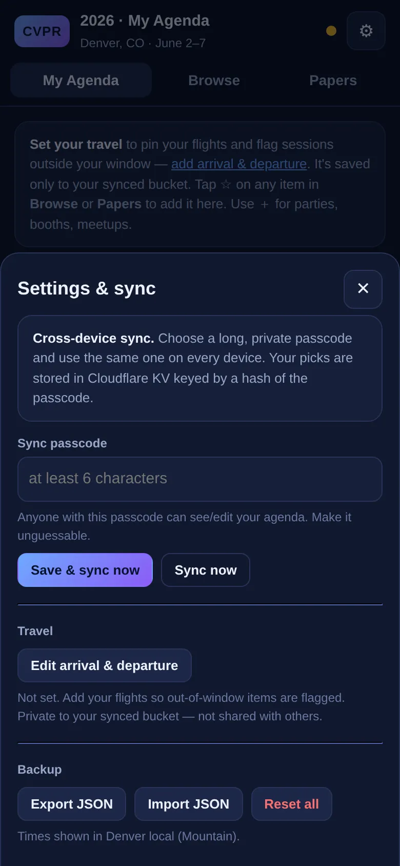 CVPR companion app — Settings panel with cross-device sync via a passcode