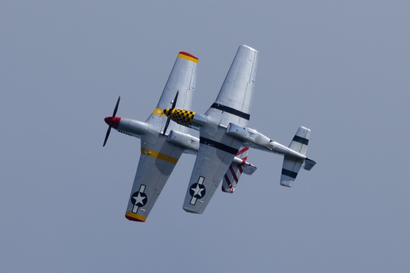 Two P-51 Mustangs flying in tight formation