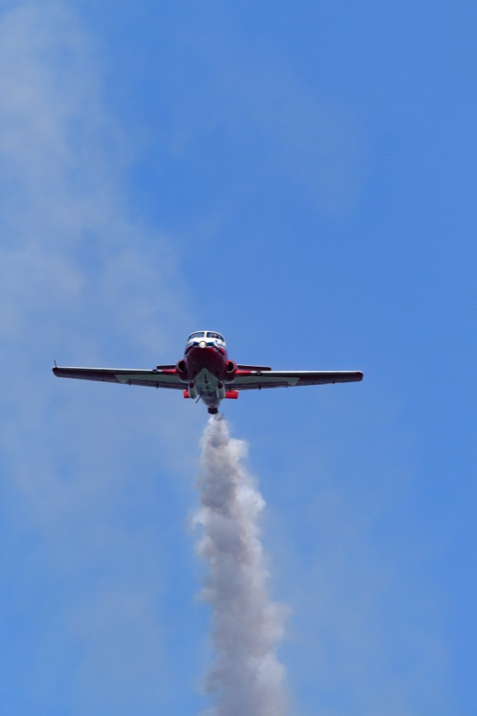 Canadian Snowbirds CT-114 Tutor jet trailing smoke head-on